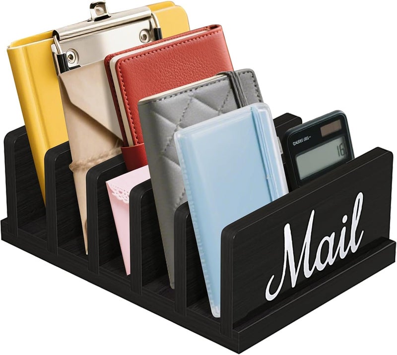 KISENG Mail Organizer for Desk,Wooden Mail Holder with Divider, 5-Slot Letter Sorter File Holder,Vertical Bill Organizer for Desktop Document/Notebook/Filing/Folders/Paper - Image 1